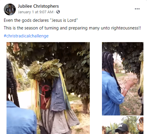 Nigerian lady coverts masquerader to Christianity, makes him remove his masquerade costume (videos)