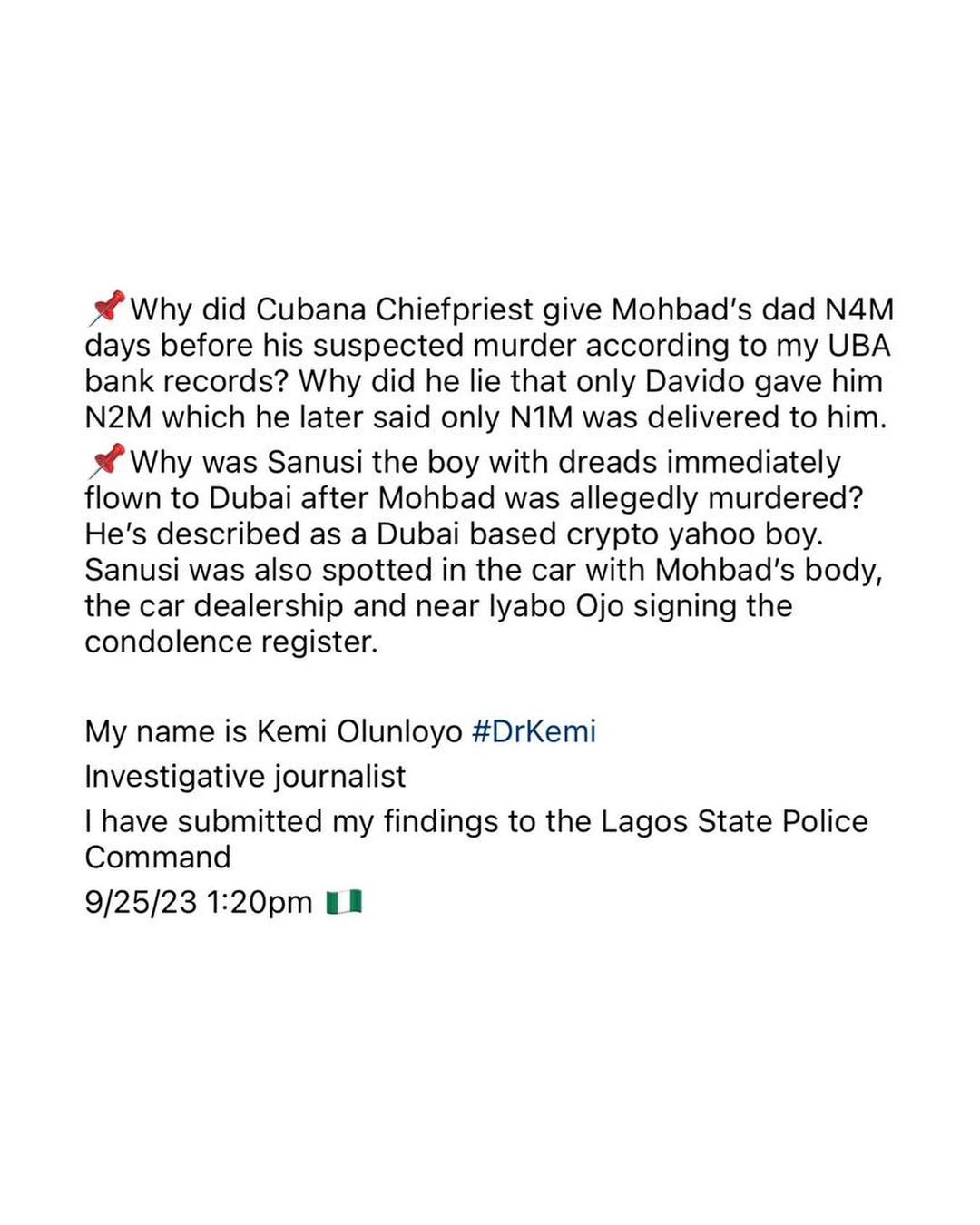 Kemi Olunloyo alleges Sam Larry fathered Mohbad’s son, Cubana Chief Priest mentioned