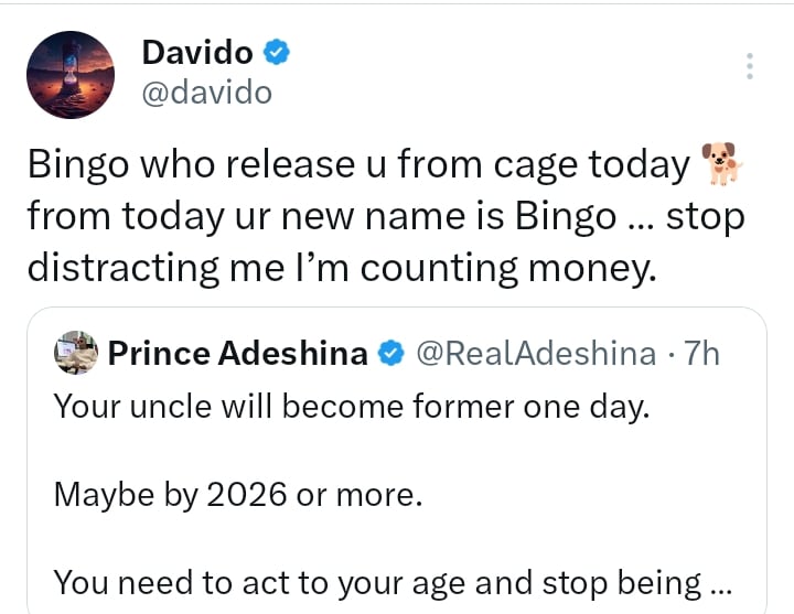 “Bingo, stop distracting me; I’m counting money” – Davido blasts man as they trade words on Twitter