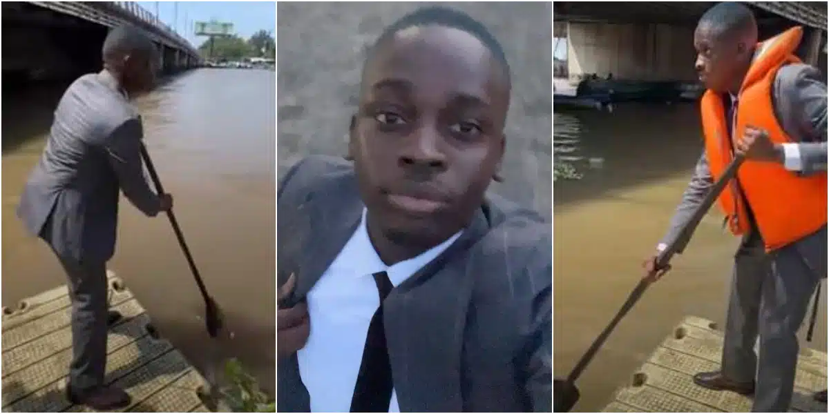 “Cars no dey go there” – Man discloses he rides on boat to new job he got