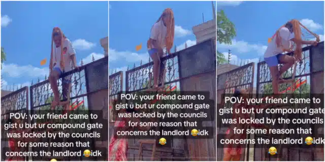 Nigerian lady causes buzz as she climbs locked gate to give her friend gist