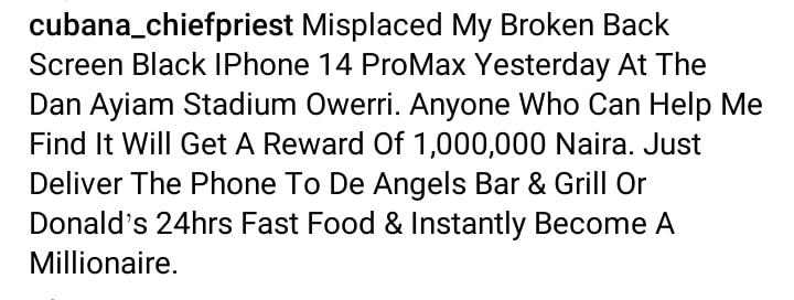 Cubana Chief Priest pledges to give N1 million to anyone who finds his misplaced iPhone 14 Pro Max