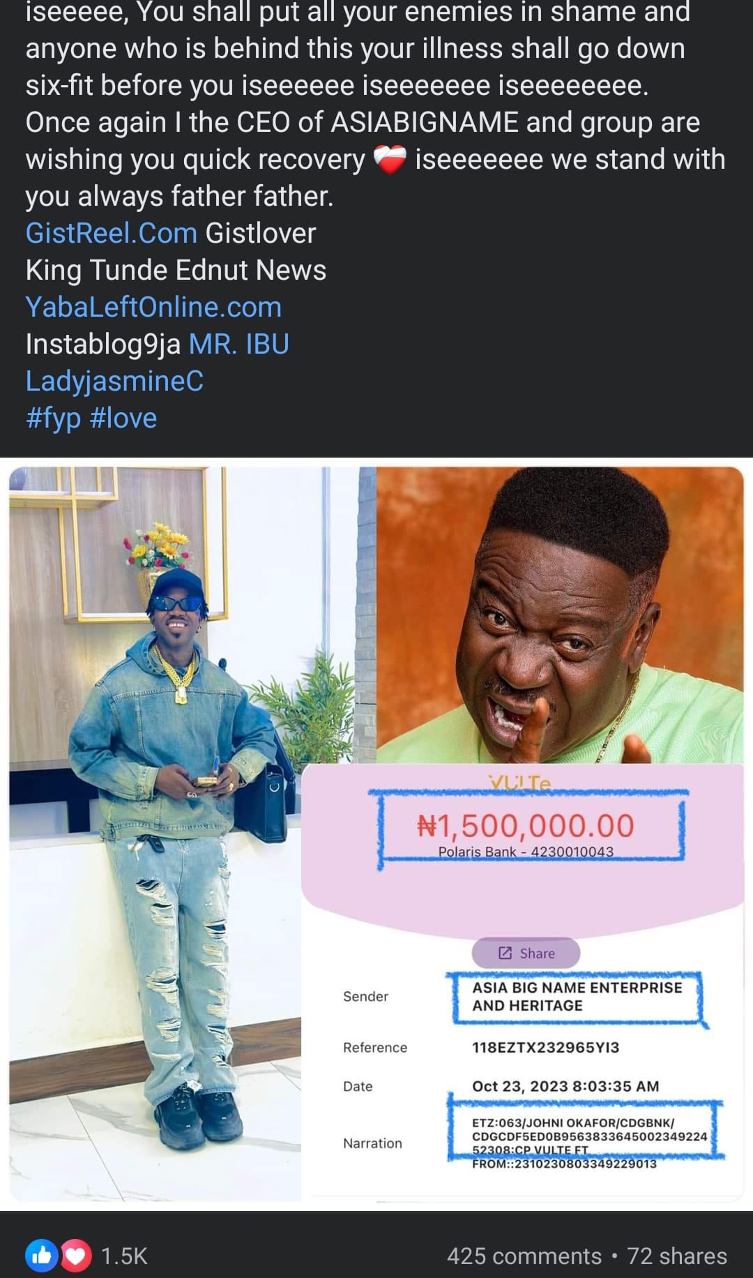 “I have fulfilled my pledge” – Nigerian man says, shares receipts of ₦1.5 million paid for Mr. Ibu’s medical bills