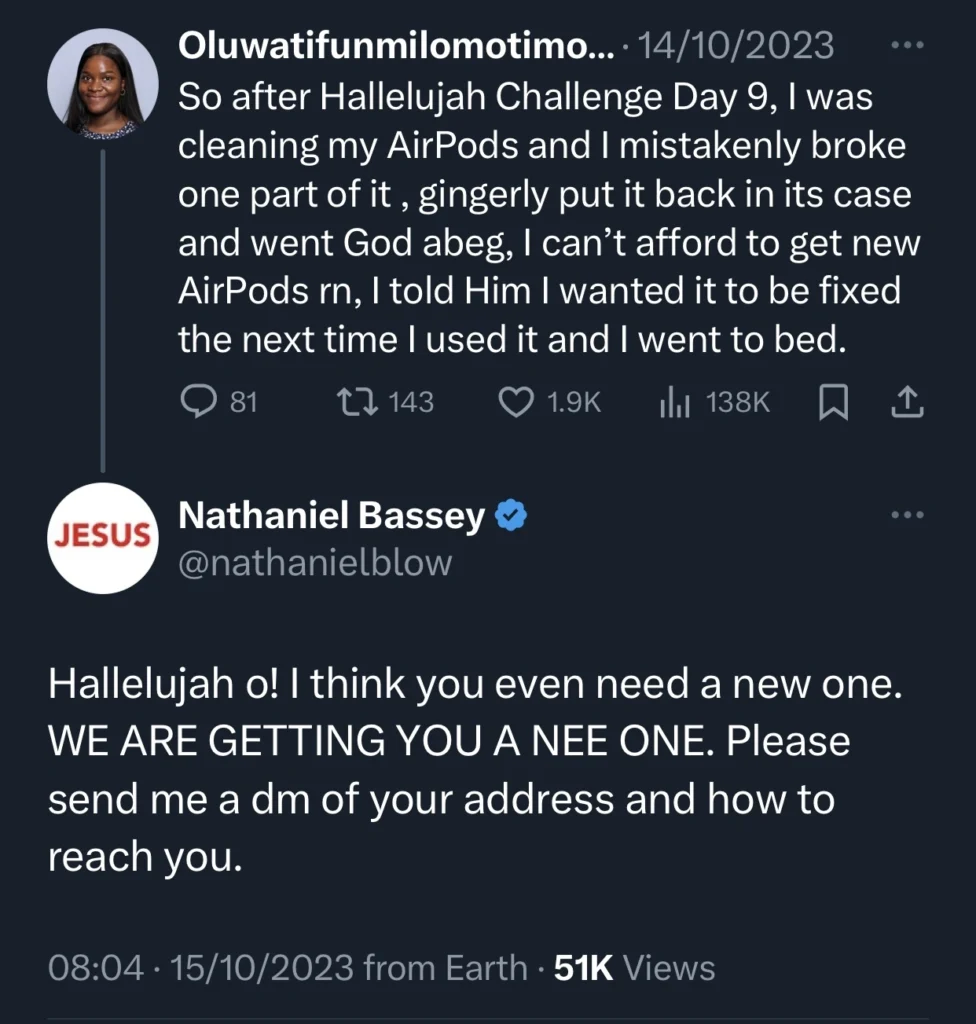 Nathaniel Bassey buys new AirPods for lady after her old one broke during the Hallelujah challenge 