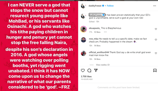 “I can’t serve a god that can’t resurrect people like Mohbad and Osinachi” – Daddy Freeze