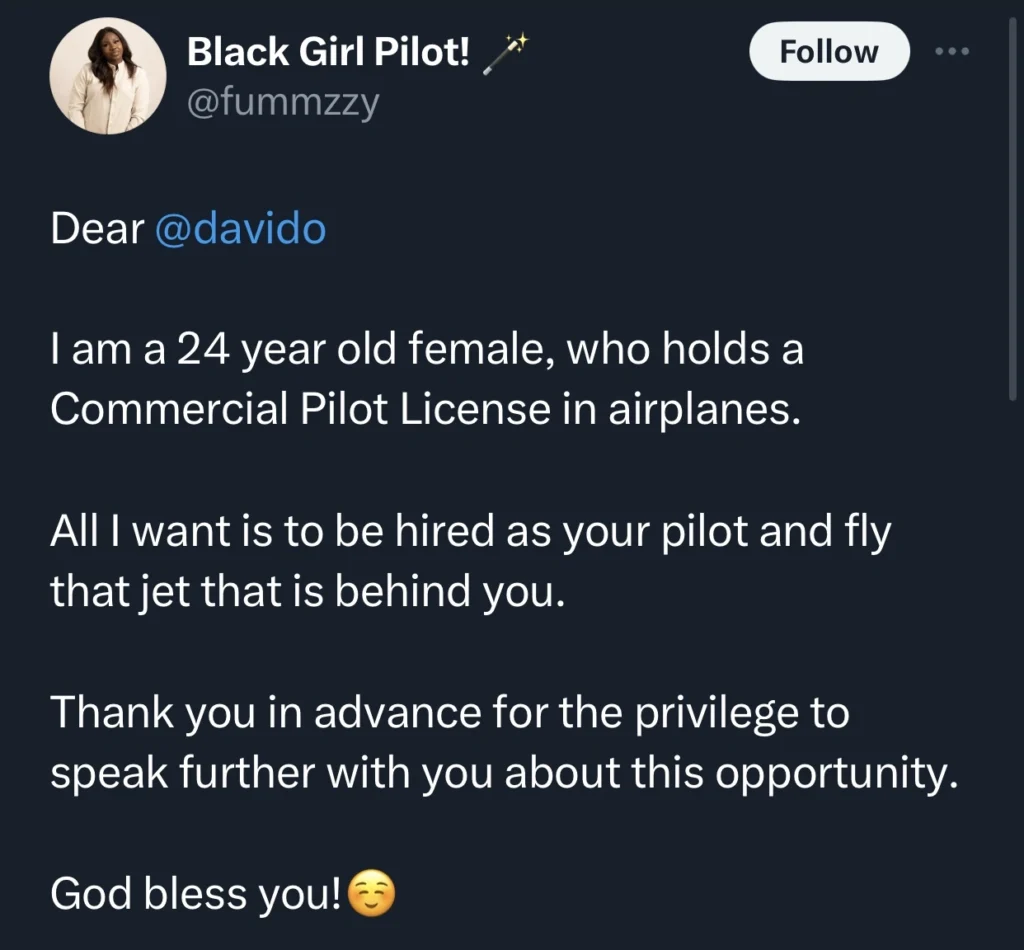 Female pilot celebrates as she gets to fly Davido after her unanswered request to be his personal pilot since 2021