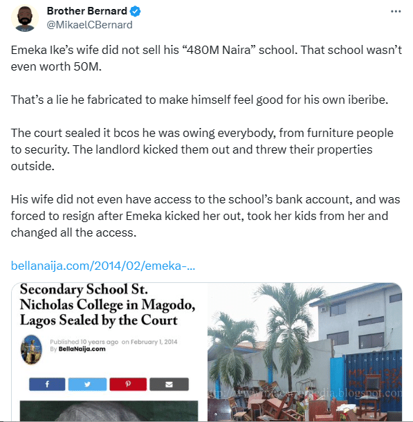 “Court sealed his school because he was owing everybody, from furniture man to security man” – Netizen makes staggering accusations against Emeka Ike