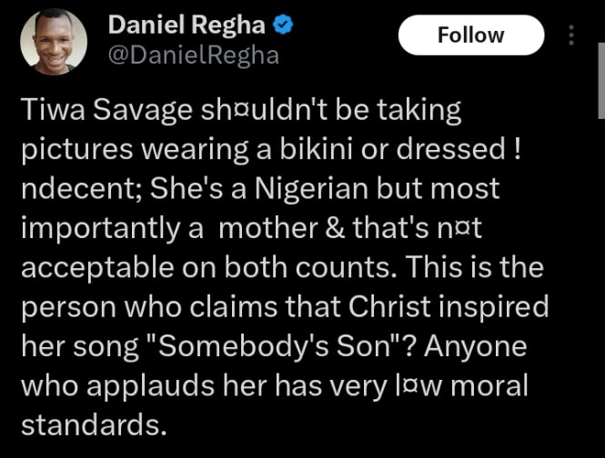 “She is a Nigerian and most importantly a mother” – Daniel Regha criticizes Tiwa Savage’s bikini photos