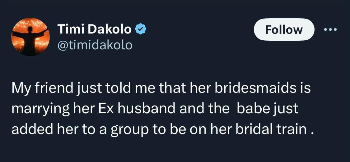 “Bridesmaid is getting married to my friend’s ex-husband, adds her to bridal train” – Timi Dakolo expresses shock