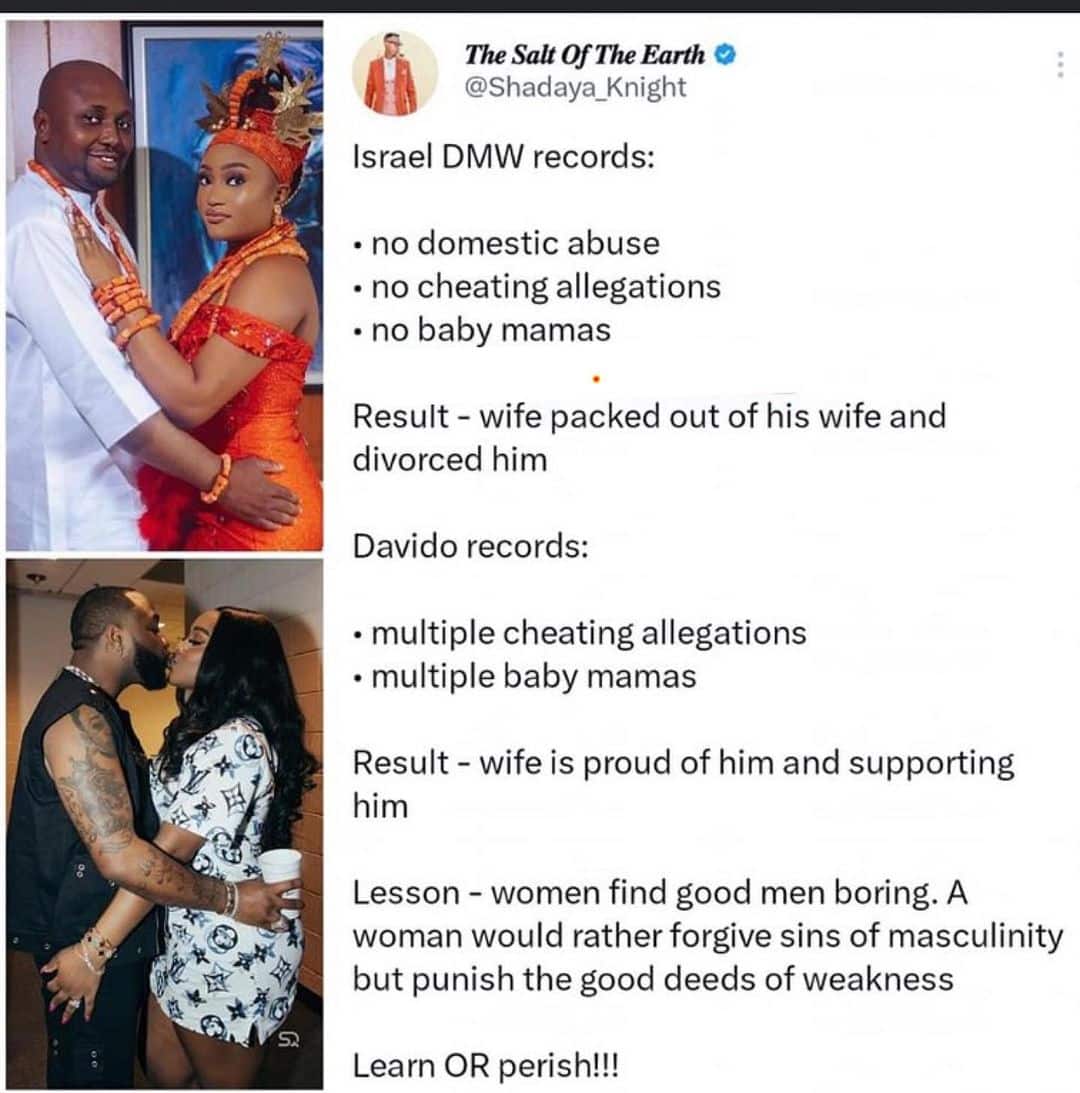 “Women find good men boring” – Twitter user says compares Davido and Isreal DMW wives
