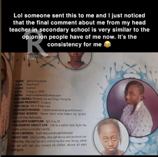 “She has been struggling with haters since” – Reactions as Doyin’s parting words in secondary school magazine surfaces