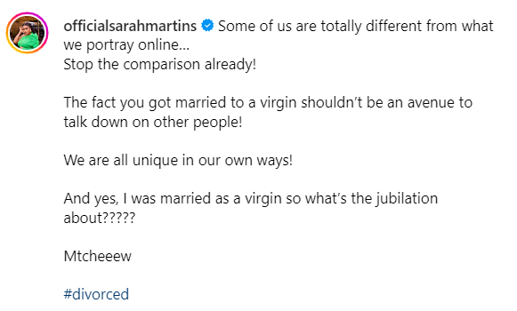 “I got married a virgin but left my husband” – Sarah Martins challenges Solomon Buchi assertion on marrying virgins