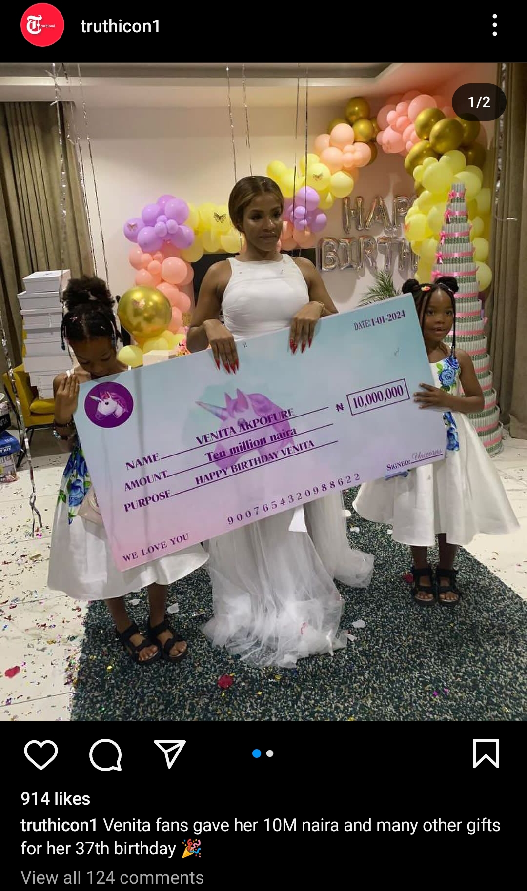 Venita celebrates 37th birthday with ₦10 million cheque, expensive gifts from fans