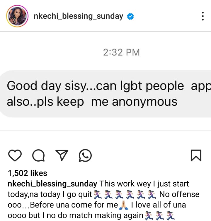 “Please keep me anonymous” – Nkechi Blessing quits her matchmaking business as client makes unusual request