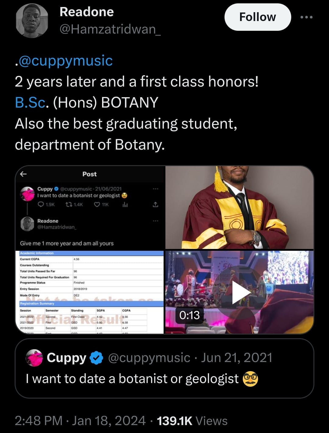“I’m all yours” – Nigerian man graduates first class in botany, reminds DJ Cuppy of her post about dating a botanist