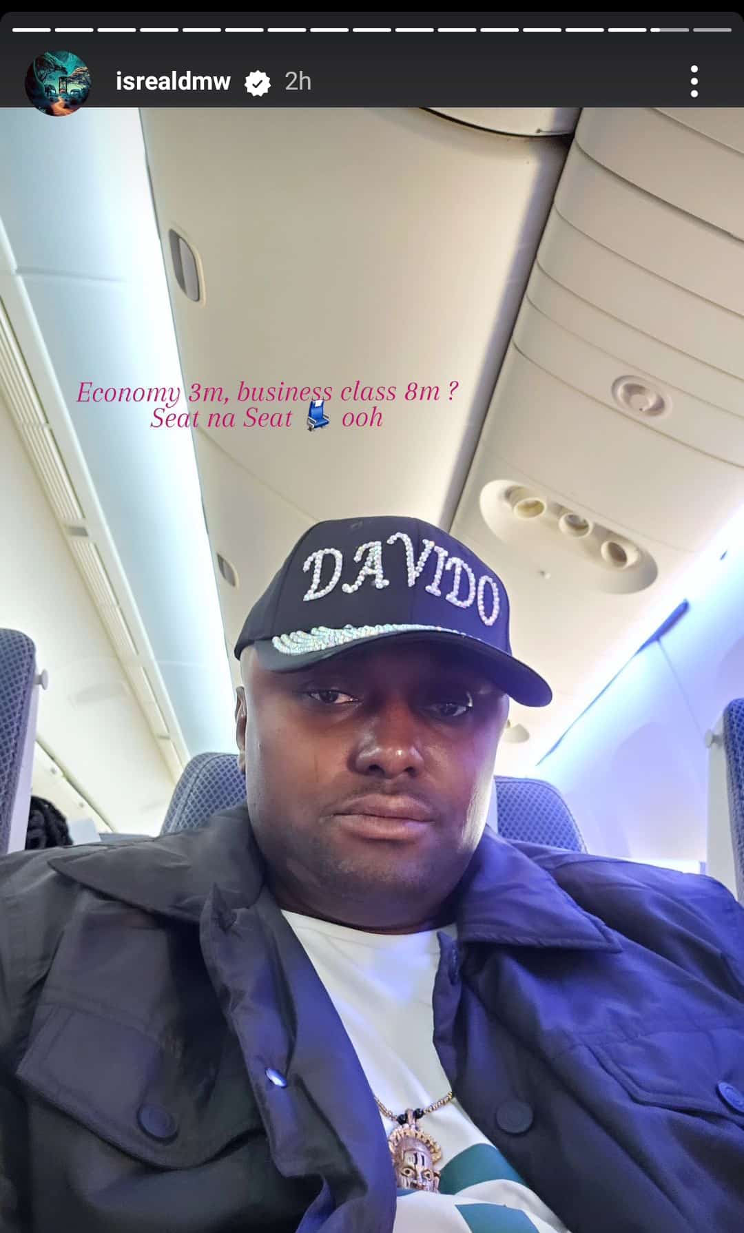 “Seat na seat” – Isreal DMW declares as he flew to the United Kingdom in ₦3 million economy class