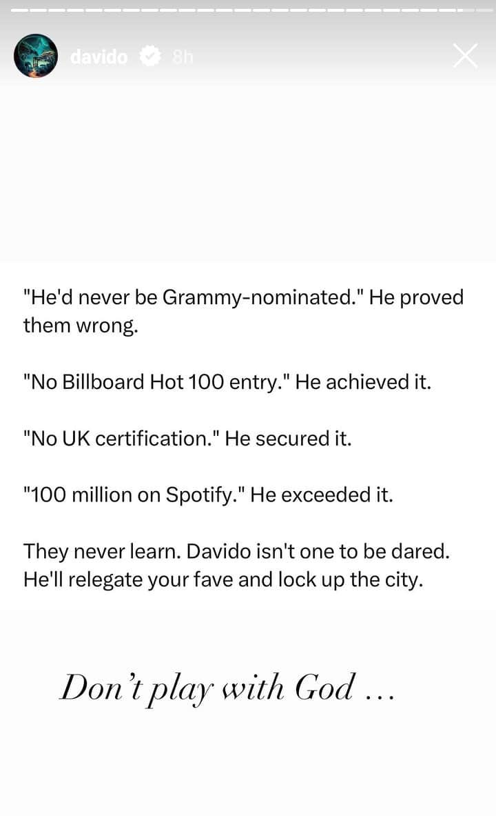 “Don’t play with God” – Davido declares as he lists career hurdles he overcame