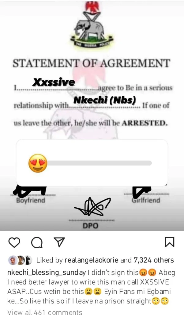 Nkechi Blessing cries out as boyfriend claims she signed a police agreement to safeguard their relationship