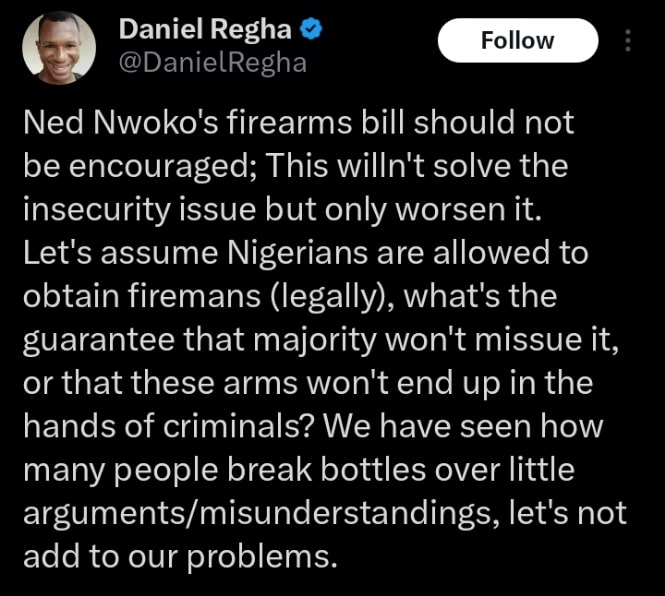 Daniel Regha kicking against Ned Nwoko firearms proposal