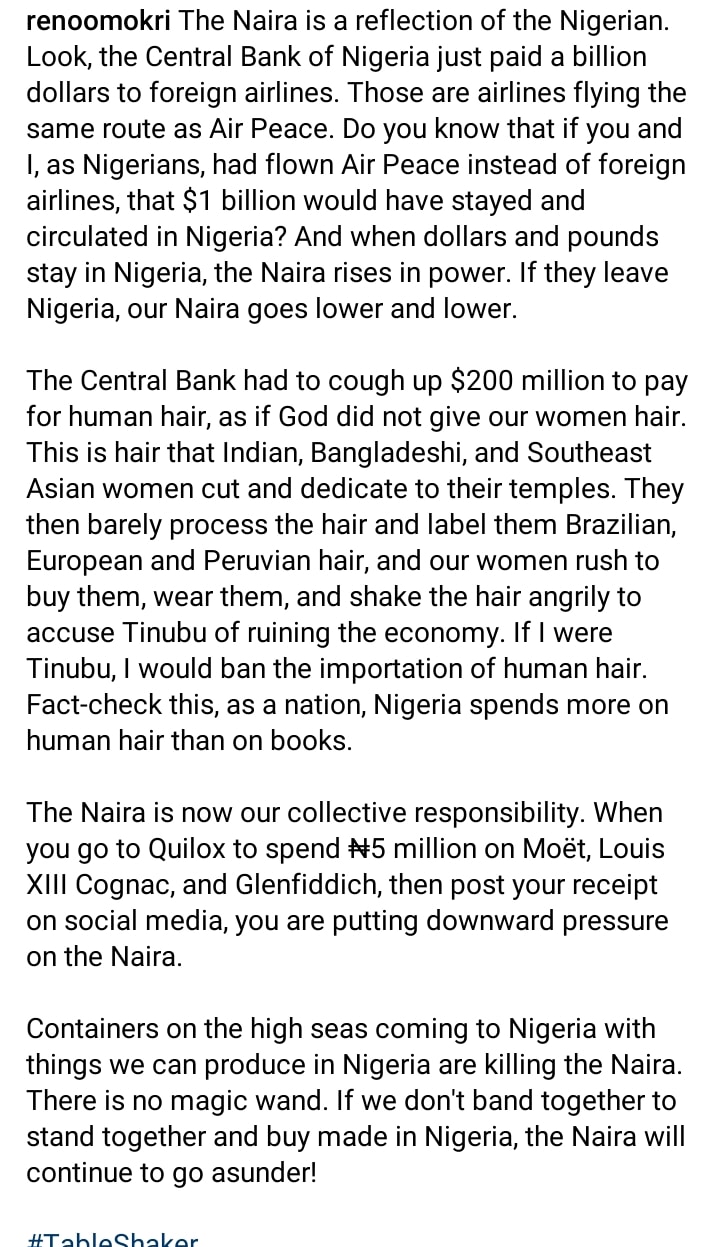Why I will ban the importation of human hair if I were president Tinubu – Reno Omokri